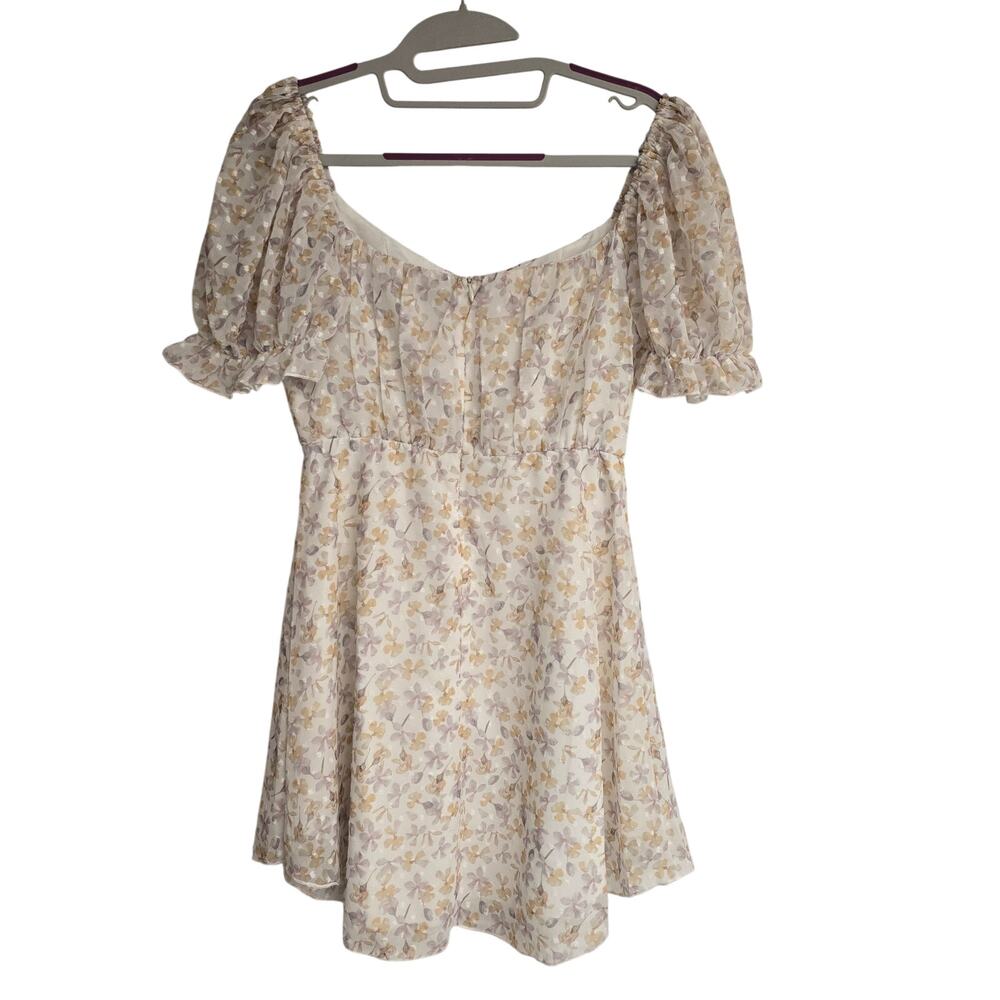 Women's Simplee Swiss Dot Floral Off the Shoulder Puff Sleeve Dress | Size Small - Picture 3 of 12